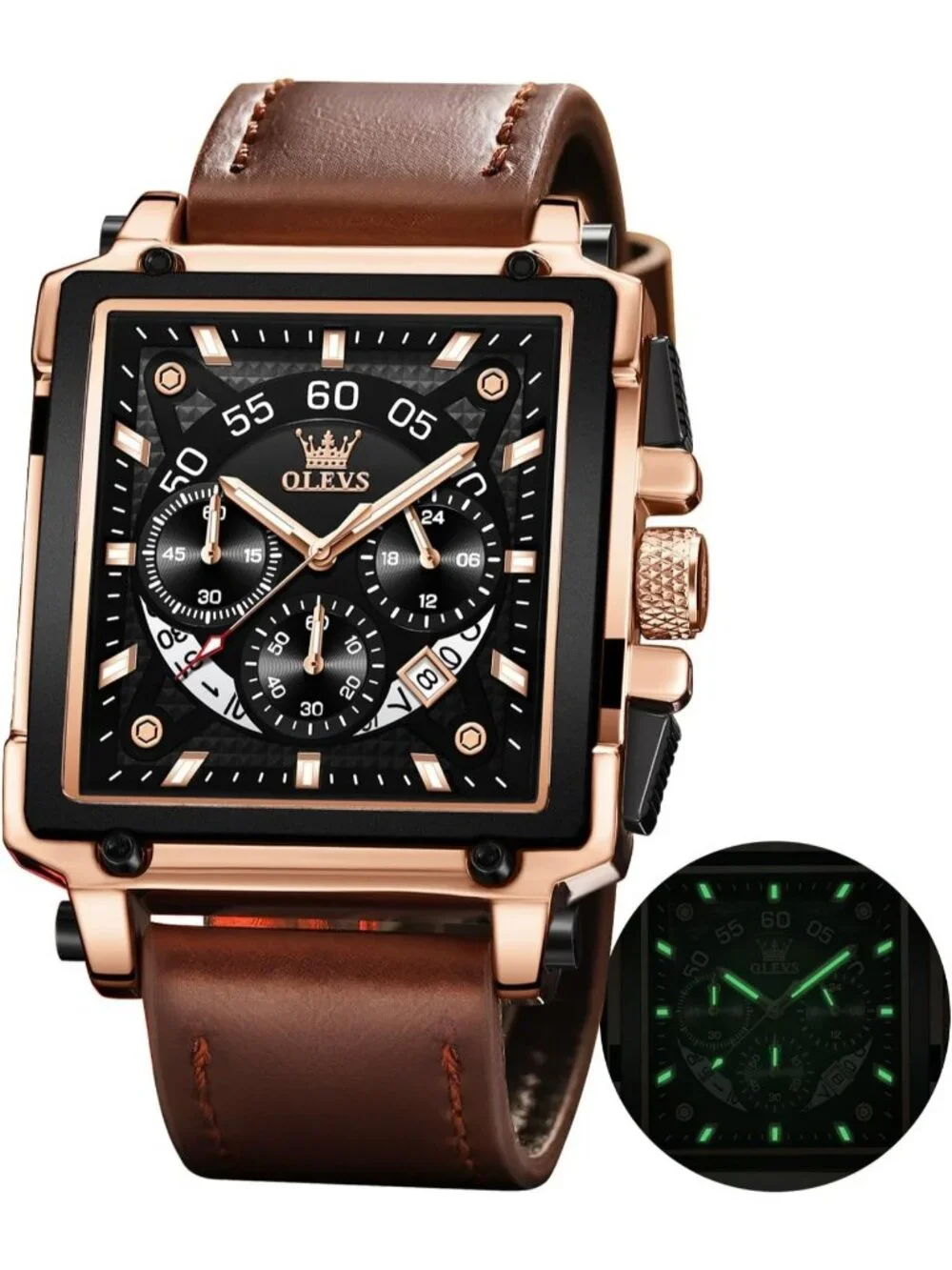 Men's Brown Black Quartz Leather Strap Waterproof Trendy Square Dial Wrist Watch